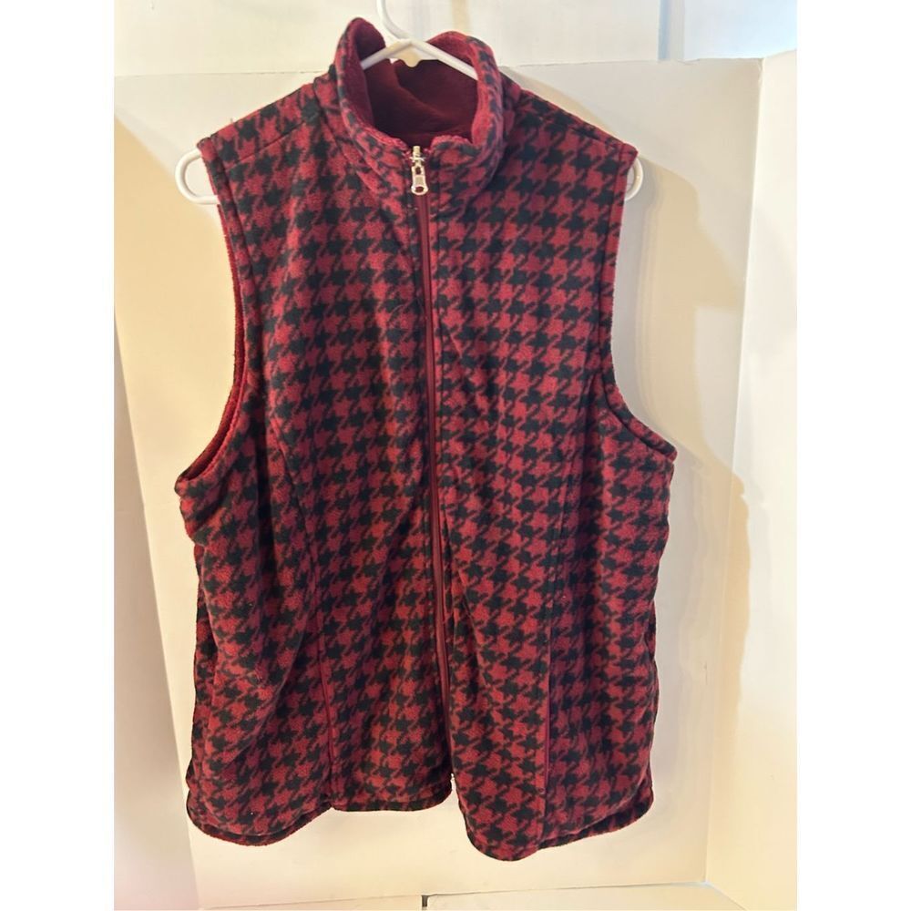French Laundry vest 2x red‎ black houndstooth plush fleece rn#63619